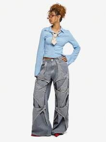 SUMWON WOMEN Wide Leg Denim Jeans With Decorative Strapping Details And Oversized Fit For Women - Light Wash - View 4