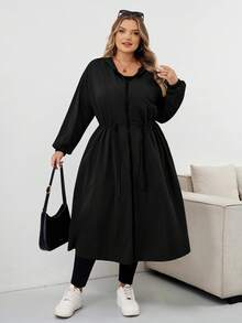 SHEIN CURVE+ Women's Solid Drawstring Hooded Waterproof Long Sleeve Trench Coat Plus Size Hooded Jacket Plus Size Raincoat Curve Fall Jacket 8xl Women Clothes Plus Size Olive Green Jacketfall Clothes For Women,Winter,CURVE PLUS