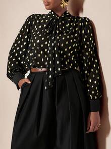 EMERY ROSE Plus Size Women's Vintage Elegant Commute & Party Series Black Gold Foil Chiffon Stand Collar Bowknot Decor Puff Sleeve Double-Breasted Shirt, Loose Fit Long Sleeve Blouse - Black - View 6