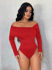 SHEIN SXY Red Knitted Long Sleeve Bodysuit For Women With Off Shoulder And Ruched Asymmetrical Neck Detail Red Bodysuit Women Red Body Suit Sexy Bodysuit - Red - View 3