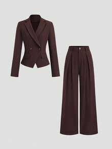 Sweetra 2pcs Women's Solid Burgundy Blazer Jacket And Long Pants Suit Set, Autumn - Burgundy - View 1