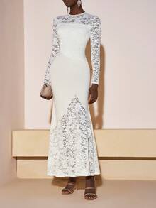 Zivah 2025 Toamnă/Iarnă Anul Nou, Ziua Îndrăgostiților, Petrecere, Banchet, Întâlnire, Petrecere de ziua de naștere, Stil universitar, Ținută studențească, Casual zilnic, Simplu versatil, Casual, Călătorii în croazieră, Hit viral, Elegant, Naveta, Casual business, Minimalist, Decolteu rotund cu mânecă lungă, Patchwork din dantelă cu paiete argintii, Tiv strâns în talie, Rochie maxi extra lungă de culoare caisă, Rochie de petrecere, Rochie maxi de damă