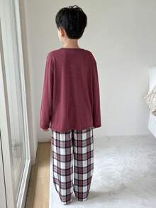 SHEIN 2 件儿童/青少年男童休闲舒适半拉链套头长袖宽松睡衣上衣和格子直筒宽松睡裤睡衣套装 - 彩色 - 查看 3