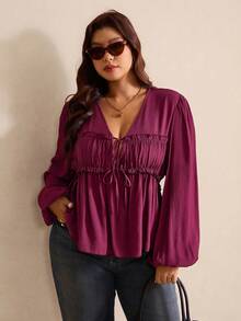 Elaquor 大码优雅简约荷叶边V领修身女式衬衫，四季皆宜 - 酒紅色 - 查看 4