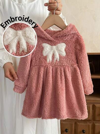 LMoss Kids Dziewczęca dzianinowa sukienka z kapturem w kontrastowym kolorze, puszysta, haftowana, na co dzień