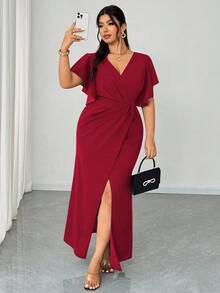 Elenzga Plus Size Spring/Summer Lightweight Formal Dress, Elegant Romantic V-Neck Ruffle Sleeve Fitted Mermaid Hem Cocktail Party Wedding Guest Dress, Red - Red - View 4