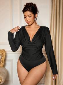 Cravure Plus Size Women's Luxurious Knit Long Sleeve Shiny Ruffled Shoulder Padded Fitted Black Bodysuit - Black - View 4