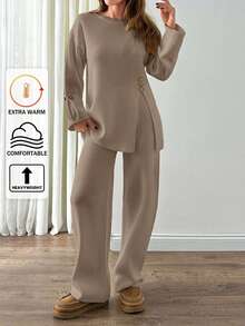 EURMUSE 2pcs/Set Women's Fashionable Design Loose Slit Knit Sweater And High Waist Wide Leg Pants Set, Autumn/Winter - Beige - View 1