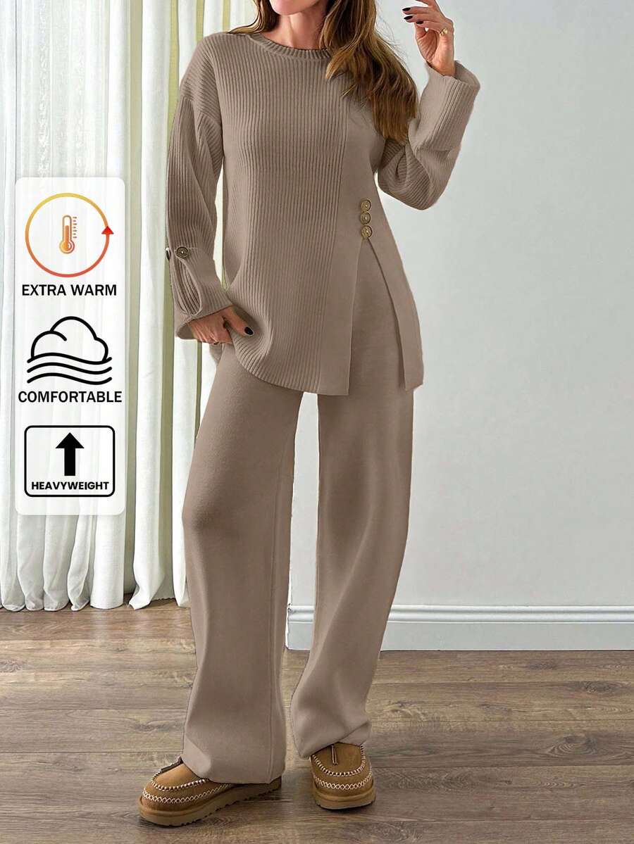 EURMUSE 2pcs/Set Women's Fashionable Design Loose Slit Knit Sweater And High Waist Wide Leg Pants Set, Autumn/Winter - Beige - View 1