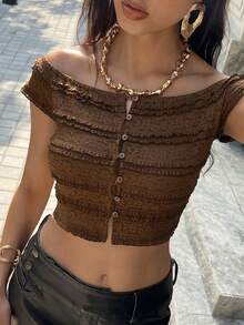 Zielony 时尚性感露肩短款女式上衣 - 棕色 - 查看 3