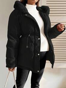 SHEIN Maternity Fashionable Versatile Drawstring Waist Faux Fur Hooded Jacket, Winter - Black - View 6