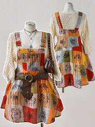 Sunspun Plus Size Women's Bohemian Multi-Color Suspender Dress