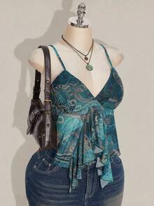 SHEIN ICON Áo kiểu cỡ lớn gợi cảm, phong cách retro Bohemian, kiểu Y2K Millennium, họa tiết Paisley xanh lá cây, xếp nếp, chất liệu lưới xuyên thấu, áo kiểu Hippie, áo kiểu miền Tây, áo kiểu Bohemian. - Màu xanh lam - Xem 5