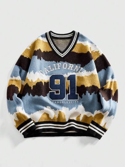 Street Life Men's V-Neck Embroidered Patch Vintage Knit Sweater, Streetwear Fashion