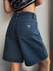 DAZY Women's Bow Embroidered Denim Shorts - Medium Wash - View 1