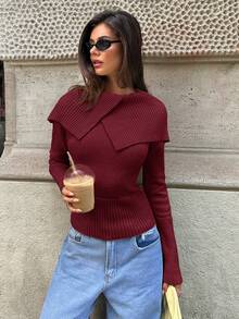 Aloruh 女士酒红色高领长袖修身毛衣，秋冬季 - 酒紅色 - 查看 5