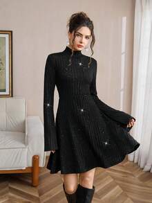 Opuloom Women's Autumn Fashion Elegant High Neck Fitted Long Sleeve A-Line Short Warm Knit Dress, Suitable For Daily Outings, Gatherings And Parties