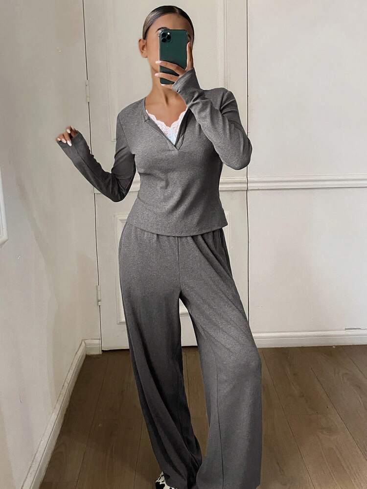 Women's Lace Patchwork Comfortable Knit Pajama Set, Autumn/Winter