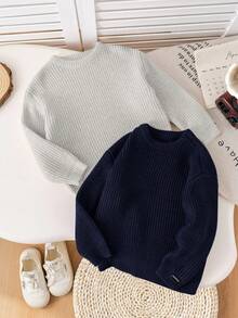 SHEIN 2 件套开学季男孩棕色和卡其色纹理宽松套头衫，适合休闲装、居家装和学校装