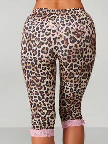 Missguided x Playboy 豹纹高腰打底裤，粉色蕾丝边饰七分裤，适合日常休闲穿着 - 彩色 - 查看 1