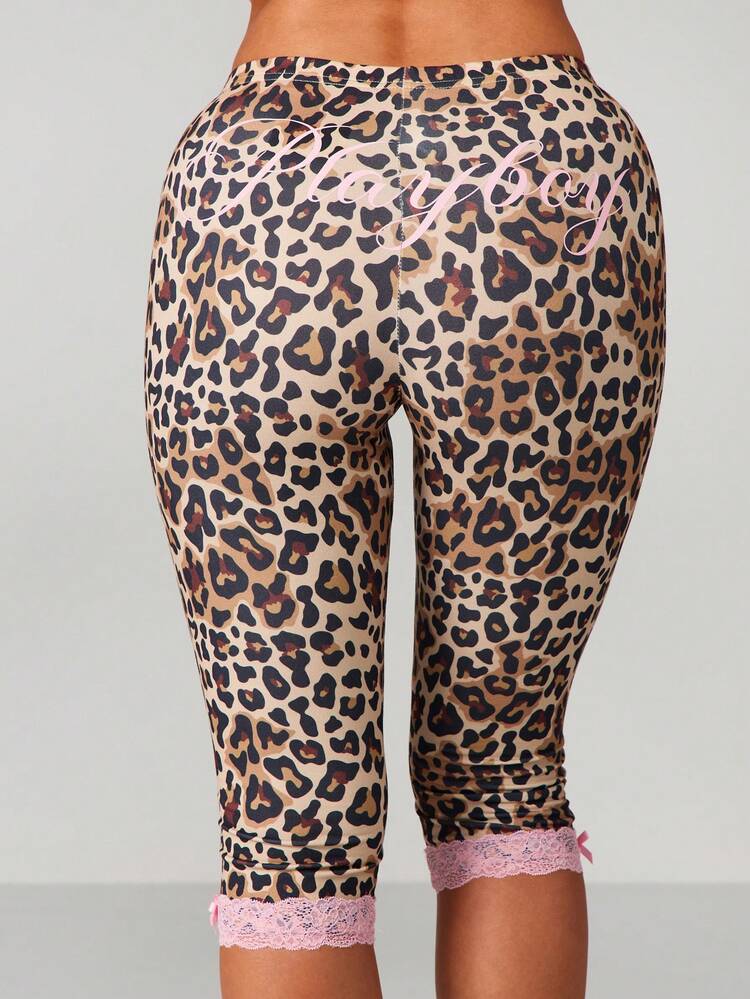 Missguided x Playboy Leopard Print High Waisted Leggings With Pink Lace Trim Capri Pants For Casual Everyday Wear