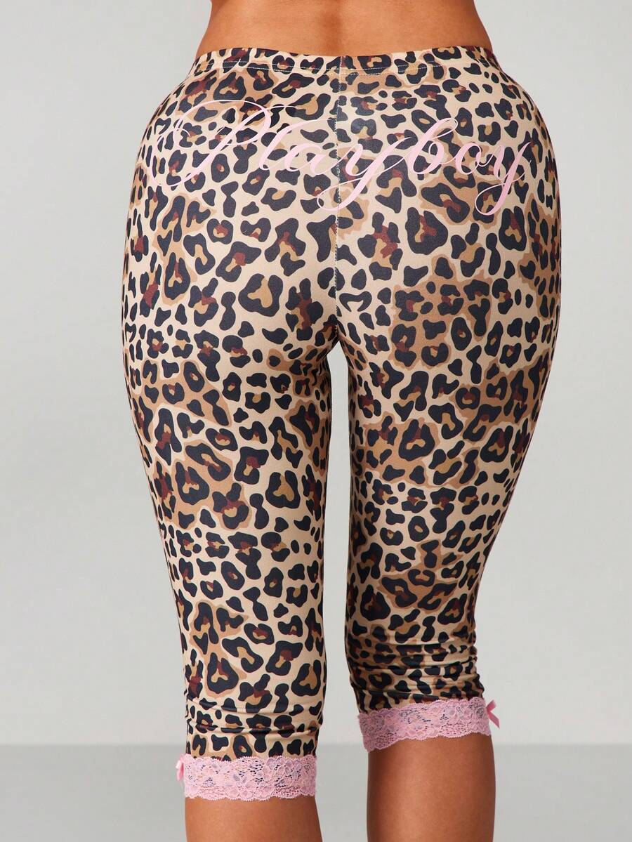 Missguided x Playboy 豹纹高腰打底裤，粉色蕾丝边饰七分裤，适合日常休闲穿着 - 彩色 - 查看 1