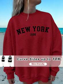 SHEIN CURVE+ 秋冬大码休闲宽松纽约图案圆领长袖女式运动衫 - 酒紅色 - 查看 8