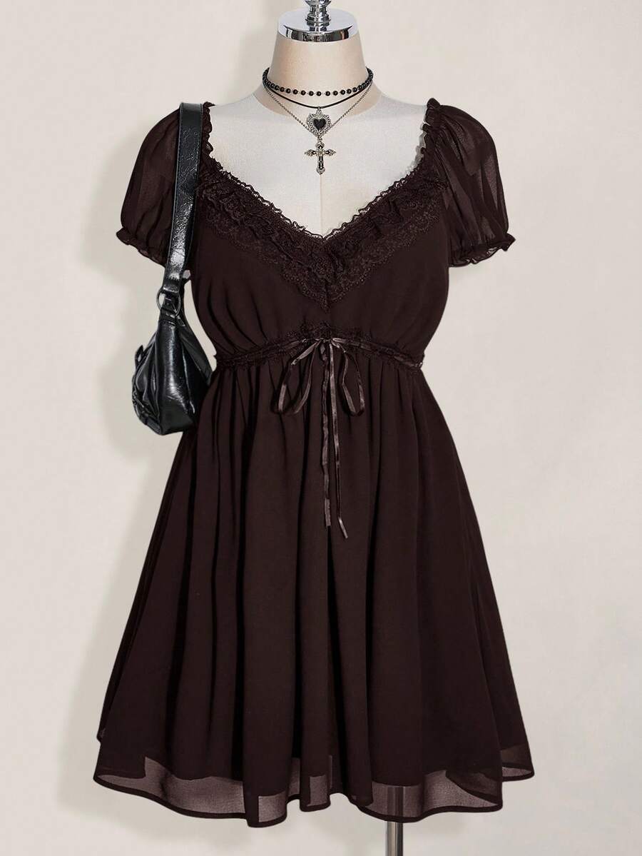 SHEIN ICON 大码 V 领泡泡袖娃娃裙 A 字高腰连衣裙，Y2K 复古性感连衣裙，暑假、毕业季返校服，夏装 - 棕色 - 查看 1