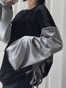 FRIFUL Women's Color Block Round Neck Drop Shoulder Long Sleeve Side Slit Drawstring Pleated Loose Casual Versatile T-Shirt, Autumn/Winter - Black - View 5