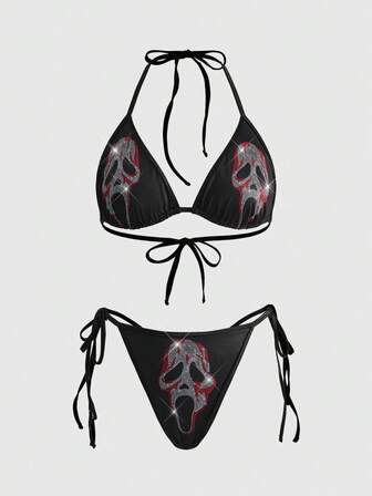 Ensemble de lingerie gothique pour femmes avec lacets, décoré de crânes et de strass Deadpool