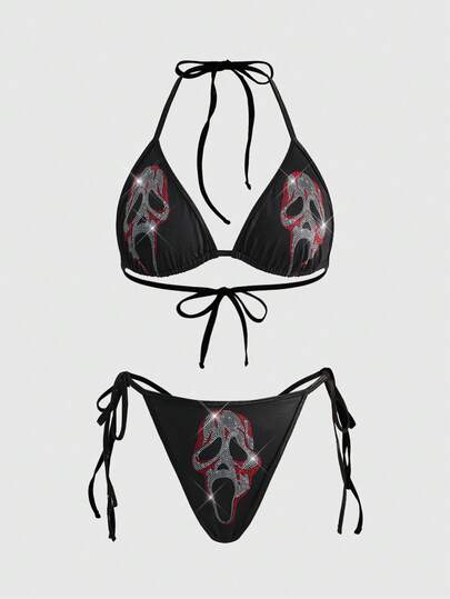 Gothic Skull Deadpool Rhinestone Decor Wireless Lace-Up Women Lingerie Set