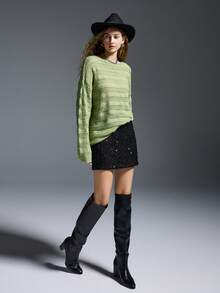 Loose Fit Knit Sweater With French Beaded Mesh Vibe, Elevated Style - Green - View 1