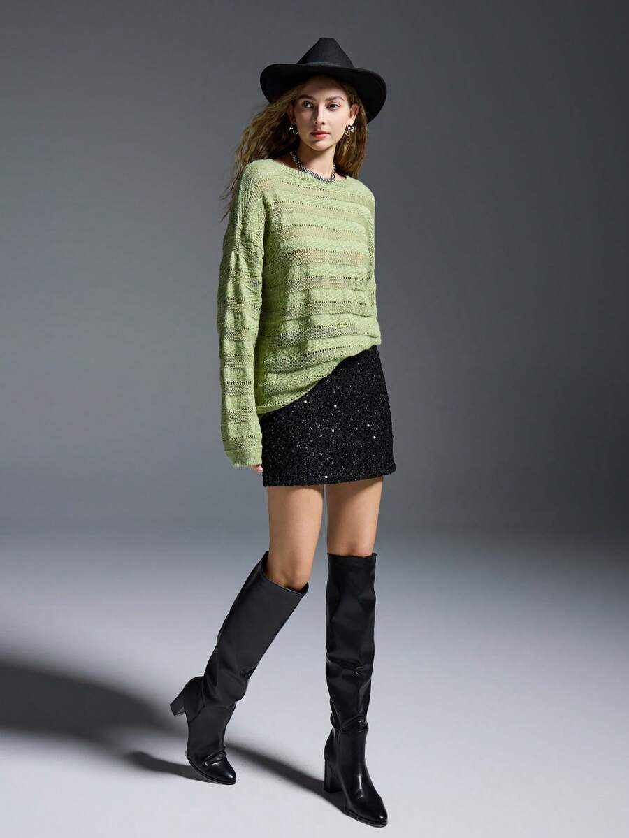 Loose Fit Knit Sweater With French Beaded Mesh Vibe, Elevated Style - Green - View 1