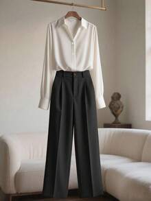 Franclia Apricot Button-Up Shirt & Pants Set For Women - Black - View 3
