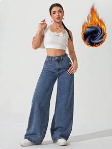 SHEIN ICON Quần Jeans Denim Ấm Áp Thường Ngày Màu Trơn Cho Nữ - Màu xanh lam - Xem 5