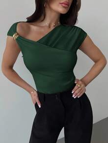 Firerie Women's Asymmetric Shoulder Wrap Ruched Waist Tight Fitting T-Shirt, Elegant Modest Daily Commute, Spring/Summer - Dark Green - View 2