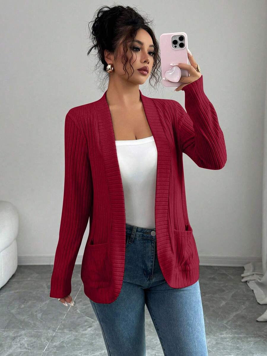 SHEIN PETITE Women's Casual Ribbed Brushed Open Front Side Pocket Short Lightweight Jacket - Burgundy - View 1