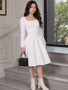 Váy vải dệt kiểu công chúa Pháp thanh lịch dành cho bé gái tuổi teen, dáng ôm vừa vặn với tay nghề xếp ly đặc biệt ở lưng, thoải mái cho mùa xuân, mùa hè, mùa thu, thích hợp mặc hàng ngày, đi làm, đi chơi, tiệc tùng, đám cưới - trắng - Xem 4