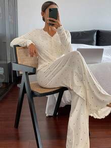 DAZY Women's Polka Dot Print Long Sleeve Button-Up Top And Pants Pajama Set, Fall Winter Clothes - Beige - View 3