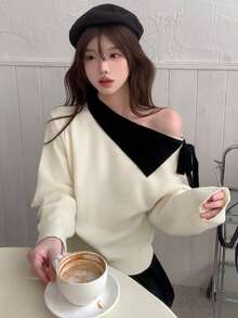 DAZY Áo len dệt kim chắp vá màu tương phản thời trang & thanh lịch dành cho nữ, phong cách thường ngày, mùa thu/đông - trắng - Xem 5