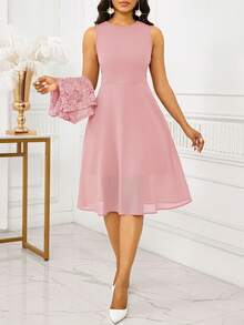 SHEIN Lady Bộ 2 món áo không tay ren trơn màu thanh lịch dành cho nữ, váy dự tiệc và sinh nhật mùa hè/váy công sở/váy đi nhà thờ/váy cưới/váy ngày lễ/ - Hồng - Xem 4