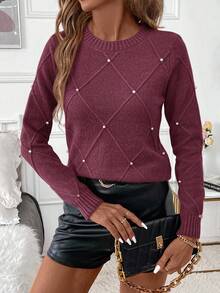SHEIN Clasi 女士冬季菱形纹理珍珠装饰圆领毛衣上衣，适合度假、派对、音乐节、居家穿着、返校活动、作为礼物以及购物，秋季毛衣，优雅女装，基础款上衣 - 中紫紅色 - 查看 5