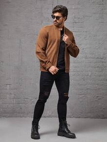 Manfinity Homme Men Solid Zip Up Overcoat For Autumn & Winter