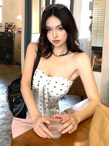 DAZY Women's Polka Dot Bandeau Camisole Sleeveless Tie Design Casual Sexy Top - White - View 3