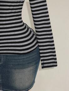SHEIN ICON Áo thun ôm sát kẻ sọc ren tương phản cỡ lớn dành cho nữ, Thu/Đông - Nhiều màu - Xem 9