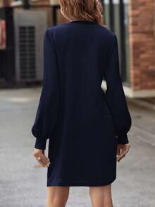 SHEIN New Style Black V-Neck Lantern Sleeve Casual Dress, Autumn - Navy Blue - View 2