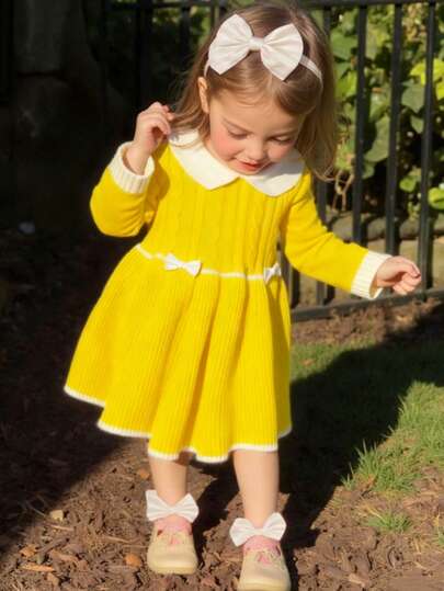 Souflis Souflis 女婴撞色彼得潘领长袖可爱针织连衣裙，秋冬款