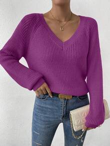 SHEIN LUNE Áo len chui đầu dài tay cổ chữ V màu trơn thường ngày cho nữ, mùa thu/đông - Bold Plum - Xem 6