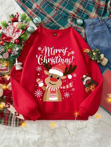 SHEIN EZwear 女士休闲红色圆领运动衫，适合秋冬季，适合圣诞节，圣诞驯鹿印花 - 紅色 - 查看 2