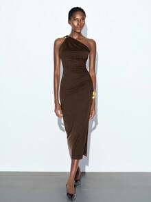 Maija 女士斜肩褶裥修身中长连衣裙，优雅时尚，适合都市通勤和商务场合，秋冬季 - 棕色 - 查看 6